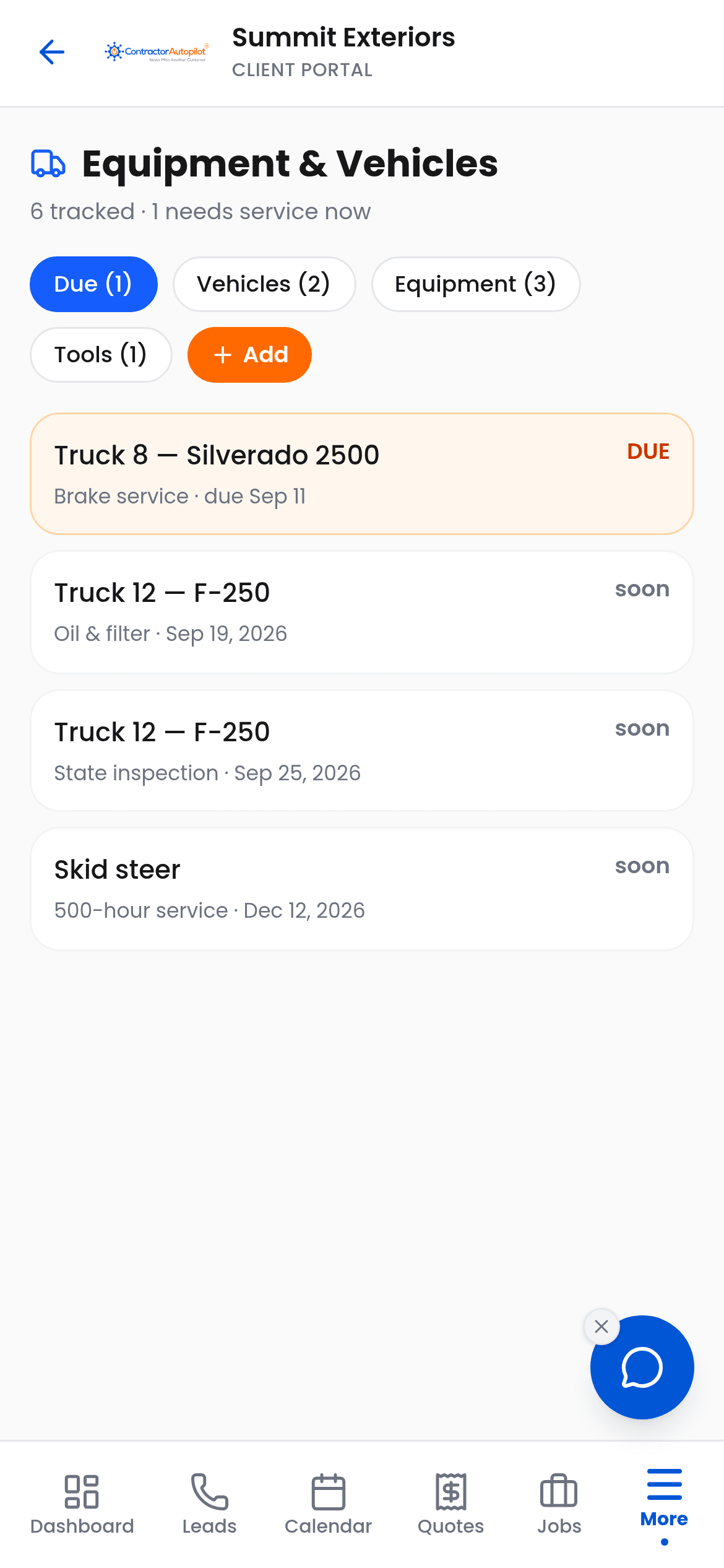 Contractor equipment and vehicle maintenance