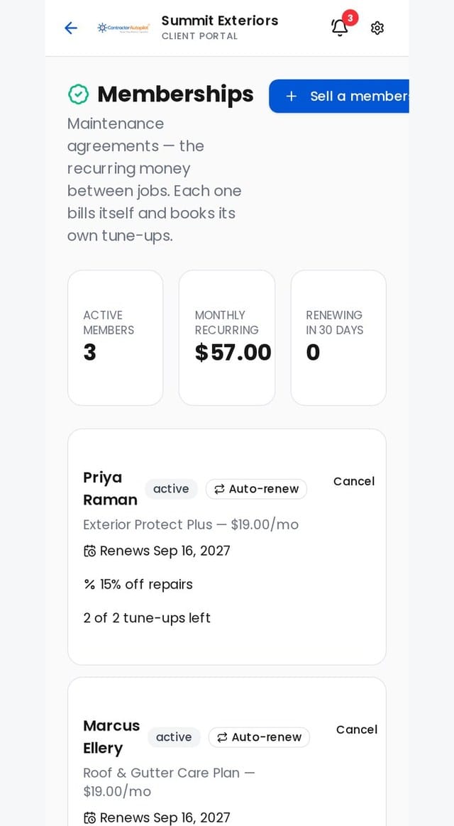 Maintenance agreement memberships with recurring billing